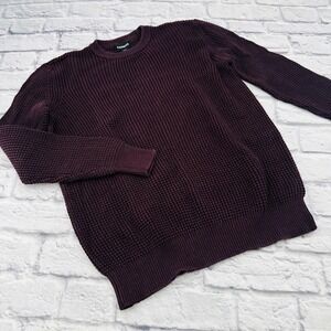 Express Mens Burgundy Waffle Knit Crew Neck Sweater Size Small Cotton